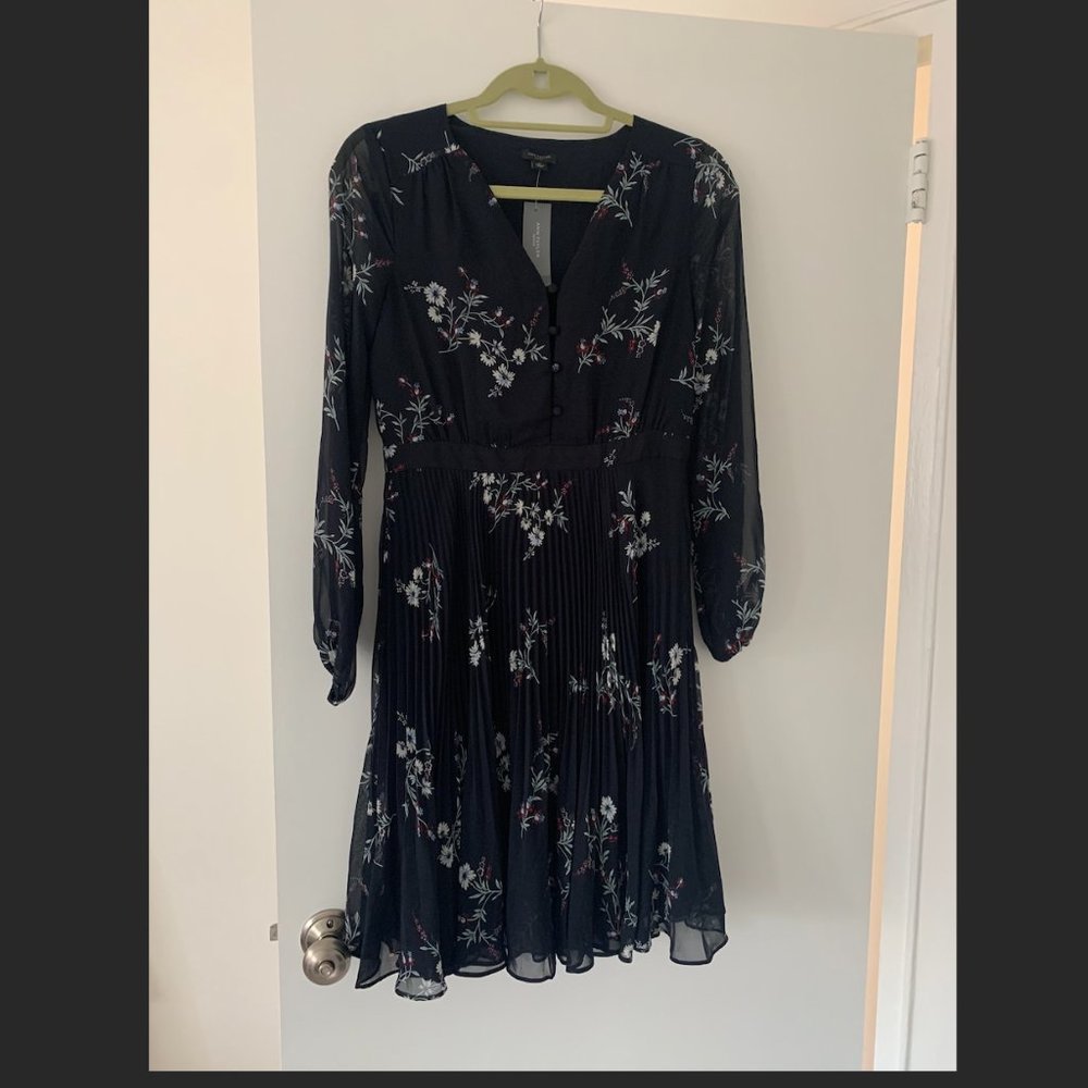 Floral Navy Long Sleeve Midi Dress - Ann Taylor